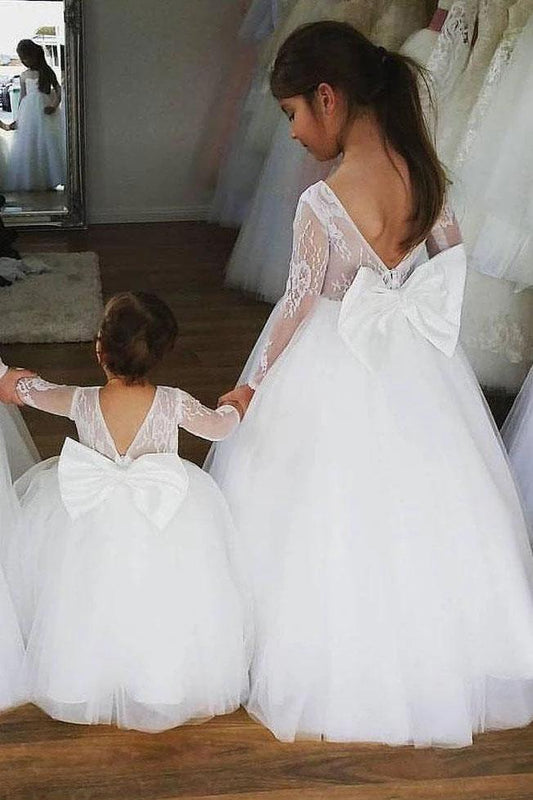 Ball Gown Lace Long Sleeves Flower Girl Dress With Bowknot Back, Round Neck Baby Dresses SRS15058