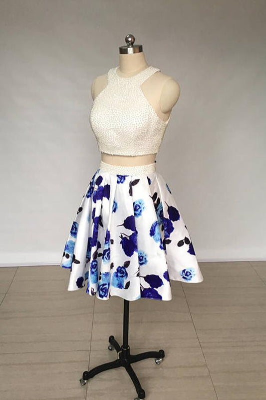 A Line Two Piece Ivory Jewel Floral Print Satin Short Homecoming Dress with Pearls JS818