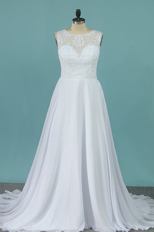 2024 A Line Scoop Chiffon Wedding Dresses With Applique Sweep Train