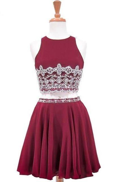 Sweet Party Chiffon Ainsley Homecoming Dresses A-Line Scoop Neck Sleeveless Beaded Crystals Burgundy Two Piece Short CD10031