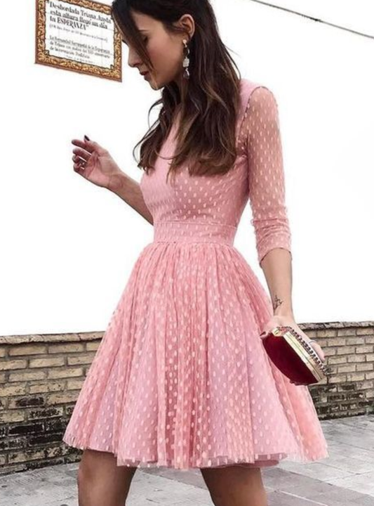 Round Neck Long Sleeves Alanna Pink Homecoming Dresses Cocktail Open Back Dresses CD10083