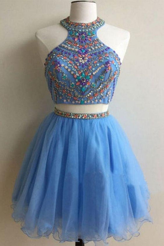 Light Blue Organza Beading Sequins A-Line Homecoming Dresses Liz Two Pieces Short For Teens, Party Dresses CD10497