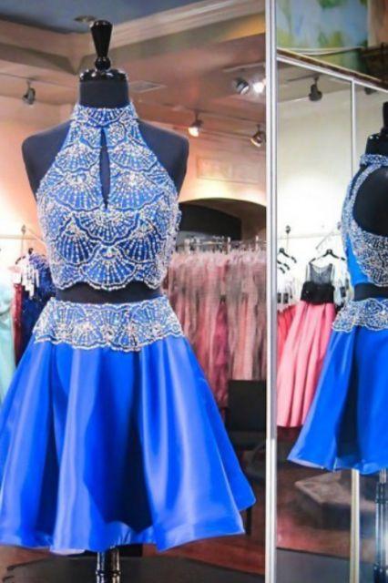 Royal Blue Melissa Satin Homecoming Dresses Two Piece High Neck Keyhole Open Back Short Beaded CD10730