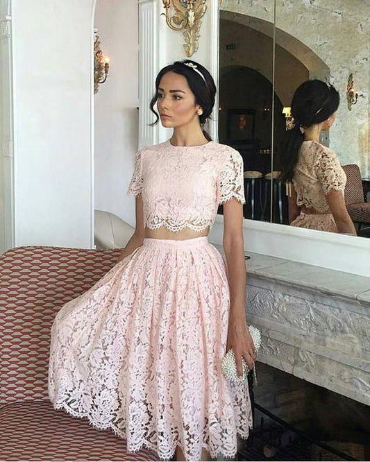 Two Pieces Homecoming Dresses Lace Aniya Round Neck Short Sleeves Knee Length CD1136