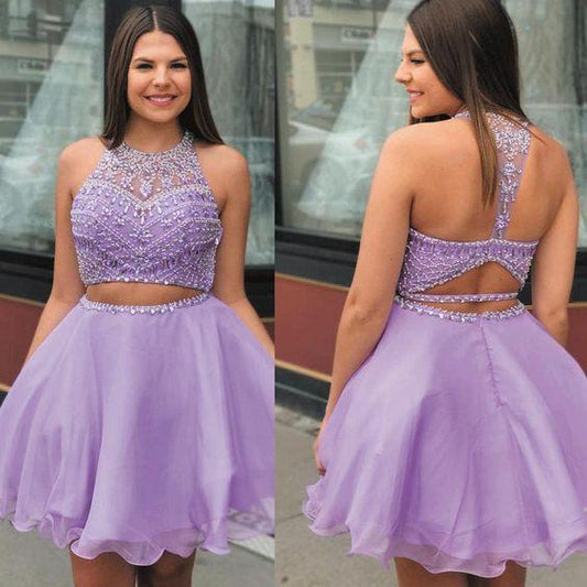 Purple Two Piece Dresses Short 2024 Homecoming Dresses Kiera Beaded Halter Sexy Lavender Graduation Dress CD11563