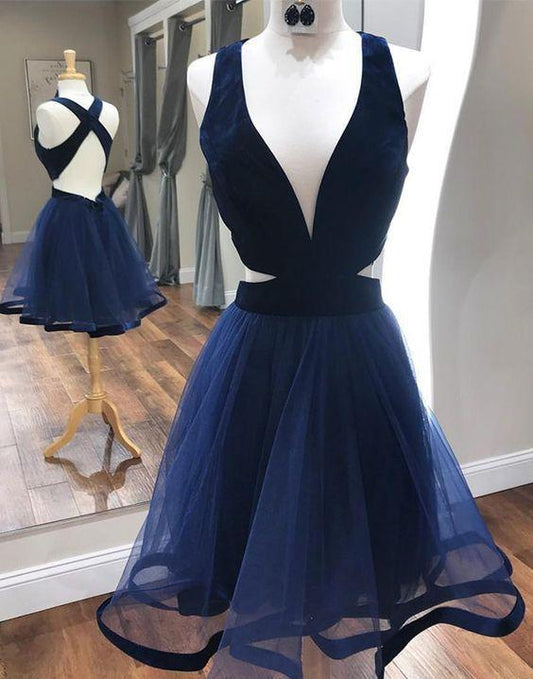 Deep V-Neck A Line Homecoming Dresses Cocktail Monica Sexy Dresses With Criss Cross Back Navy Blue CD11695