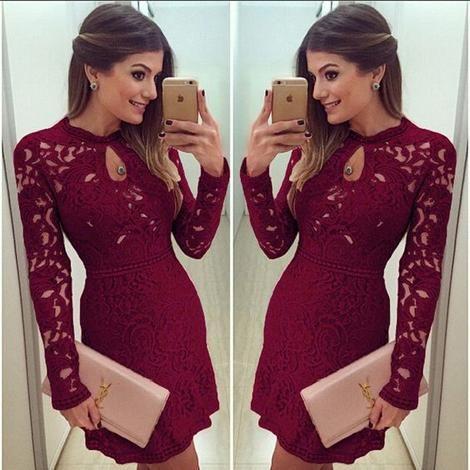 Sexy Women Casual Dress Evening Long Sleeve Bodycon Mini Cocktail Lace Homecoming Dresses Nell Short CD11874