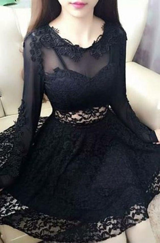 Sexy Black Lace Homecoming Dresses Skylar Jewel Neck Long Sleeves A-Line Short CD1282
