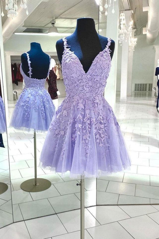 Purple V Neck Tulle Short Homecoming Dresses Lila Lace Cocktail Dress CD14994