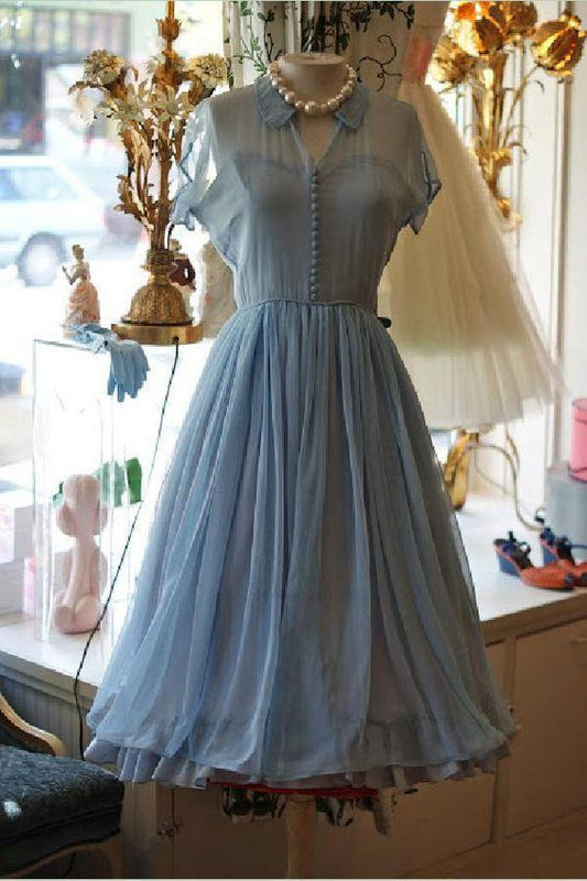 Light Dresses Elegant A-Line Doll Collar Short Sleeves Chiffon Homecoming Dresses Cassidy Blue Vintage Style Dress CD1623