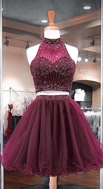Burgundy Two Piece , Beading Stylish Short Homecoming Dresses Gwen Tulle Party Gowns CD1630