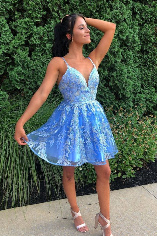 -Up Sequined Sky Lola Lace Homecoming Dresses Blue With Flowers CD16431