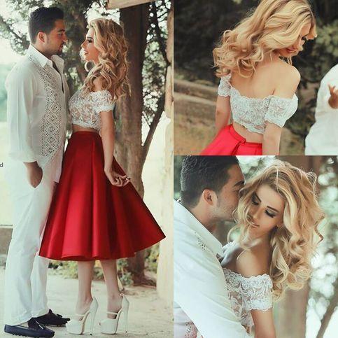 Two Piece Red Off-The-Shoulder White Short Lace Homecoming Dresses Satin Kaleigh Sleeve Tea-Length Party Dresses, CD167