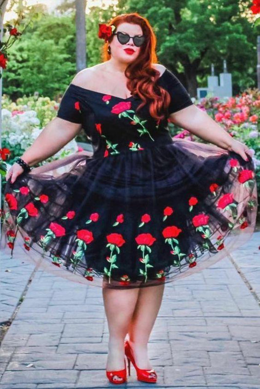 Short Plus Size Off The Shoulder Black And Rose Homecoming Dresses Mckinley Floral Embroidered CD19214