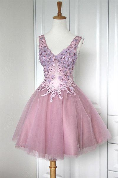 , V Neck Lace Homecoming Dresses Pink Ellie , Gowns CD1986