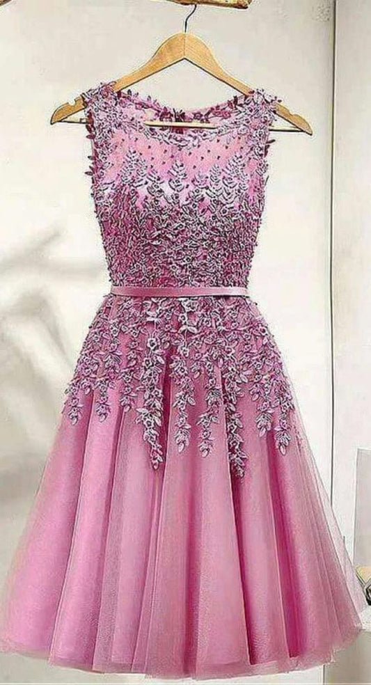 , Pink Homecoming Dresses Lace Kinsley Short Party Dress, Appliques CD20330