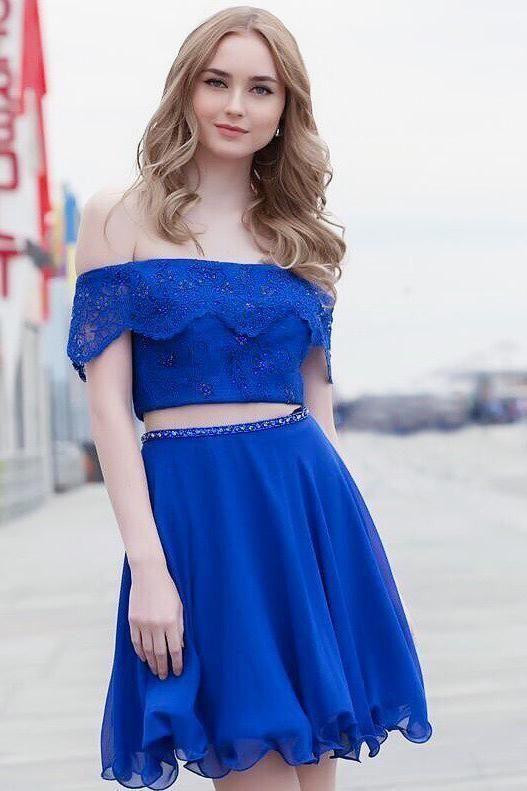 Two Piece Dress, Sexy Short Party Dress, For Party Homecoming Dresses Isis Royal Blue Lace CD2133