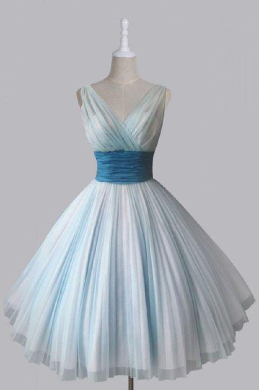 , Vintage Short V-Neck 50s Light Sky Blue Party Dress Homecoming Dresses Chiffon Rita CD2259