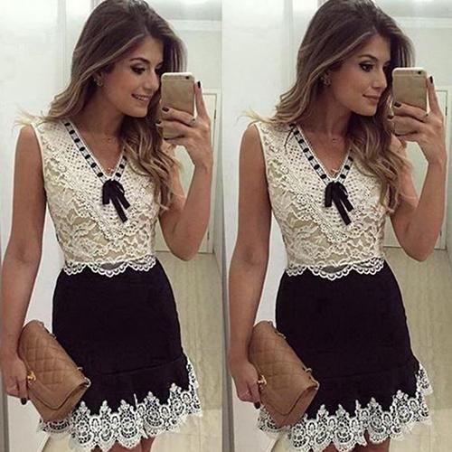 Womens Sexy Lace Cocktail Homecoming Dresses Chasity Summer Patchwork Sleeveless Bowknot Party Mini Dress CD22730