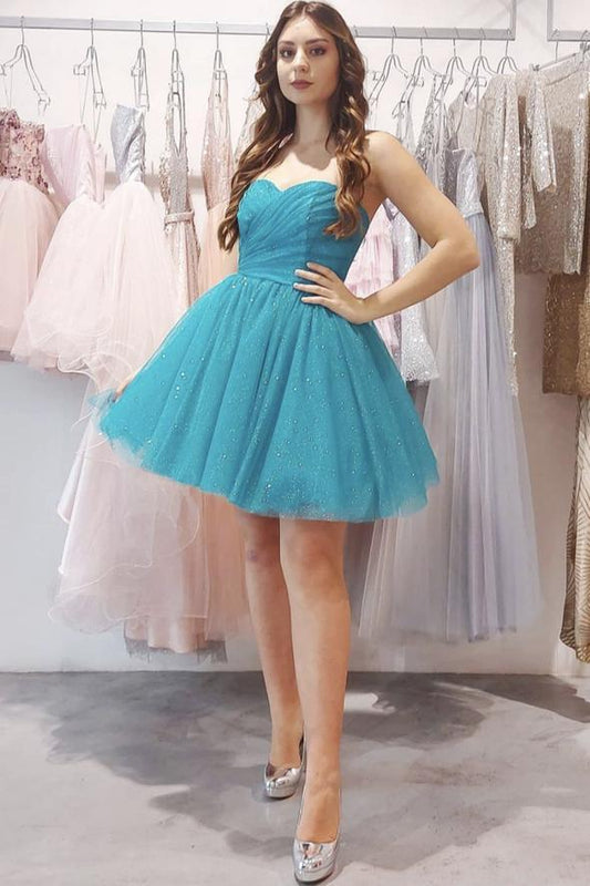 Blue Tulle Short Simple A-Line A Line Homecoming Dresses Amirah Cocktail Short Dress CD22784