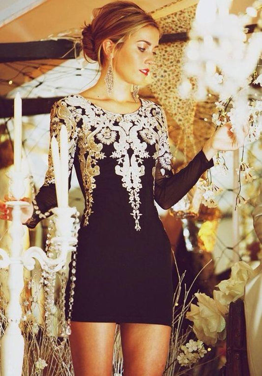 Short Mini Embroidered Lace Homecoming Dresses Amiah Cocktail Vintage Dress Appliqued Black Party CD2279