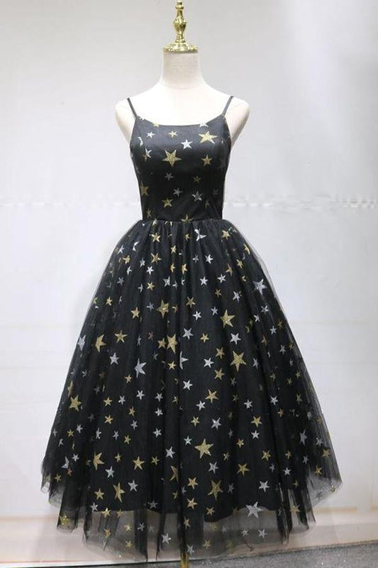 Unique Homecoming Dresses Payton Cocktail Black Star Printed Tulle Open Back Short Dress CD23293