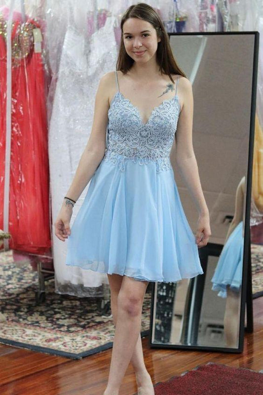 A-Line Light Blue Short Features With Spaghetti Straps Homecoming Dresses Chiffon Lace Gertie And Bodice CD24034
