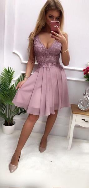 Dusty Purple V Neck Applique Desirae Lace A Line Homecoming Dresses Chiffon Short CD24278