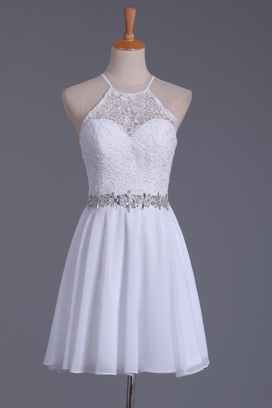 2024 White Halter & Short/Mini Lace Homecoming Dresses Tania Chiffon A Line Dress CD243