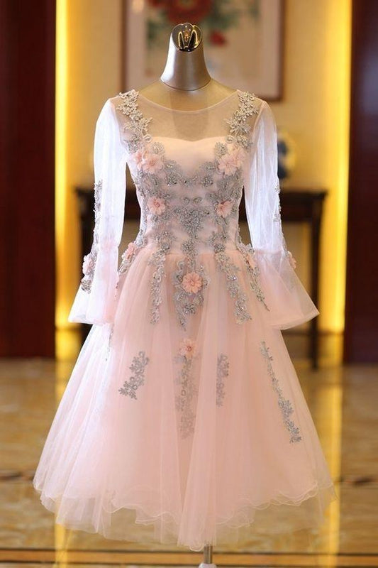 Adorable Tulle Knee Kendra Homecoming Dresses Pink Length Long Sleeves Party Dress, CD24614