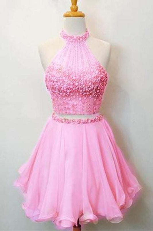 Nicola Homecoming Dresses Pink Hot Two Piece Halter Beaded Scoop Neck Keyhole Back CD24615