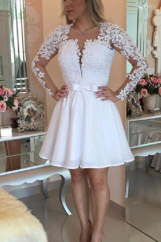 Homecoming Dresses Rubi Lace Short White Party Dresses, Mini Open Back Long Sleeves , Sexy Deep V-Neck Party Dresses CD265
