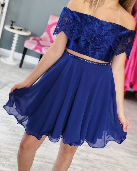 Cute Tow Piece Off The Shoulder Short With Beading Chiffon Gracie Homecoming Dresses Lace A Line Royal Blue CD2688