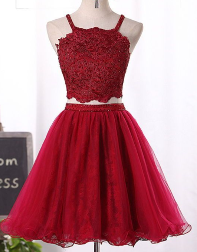 Wine Red Two Piece Tulle And , Lovely Lace Homecoming Dresses Lillie Party Dresses 2024 CD2713