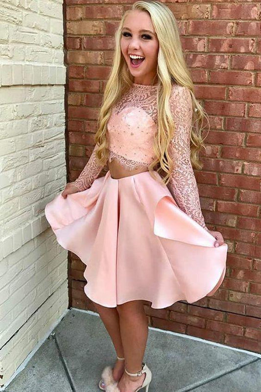 Two Piece Jewel Shyann Pink Lace Homecoming Dresses Long Sleeves Short With Party Dress CD2728