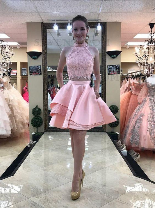Two Piece High Lace Rihanna Pink Homecoming Dresses Neck Above-Knee With Pockets CD2832