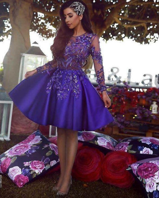 A-Line Royal Blue Allyson Homecoming Dresses Round Neck Long Sleeves Short With Appliques CD312