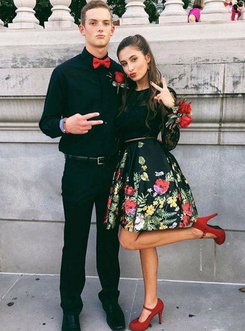 Two Piece Jewel Bodice Long Sleeve With Floral Satin Lace Jaylen Homecoming Dresses Print Skirt CD3276