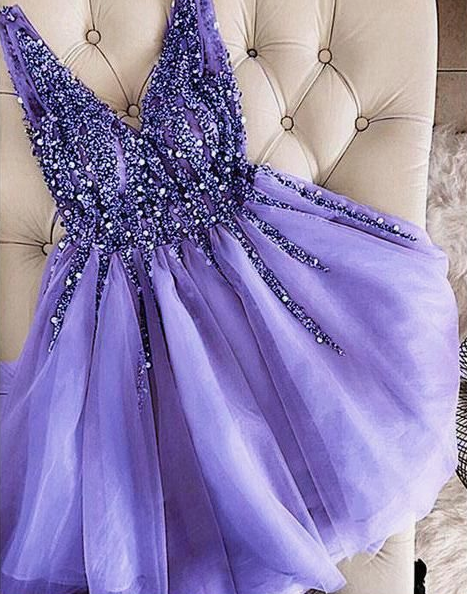 V-Neck Beaded Short Lavender Custom Made Cute Homecoming Dresses Cocktail Vicky Party Dress CD3297