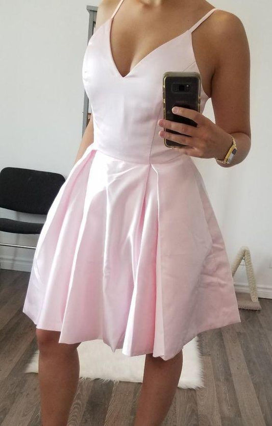 V-Neck 2024 , A-Line Pink Gillian Satin Homecoming Dresses Cocktail Dresses With Pockets CD3659