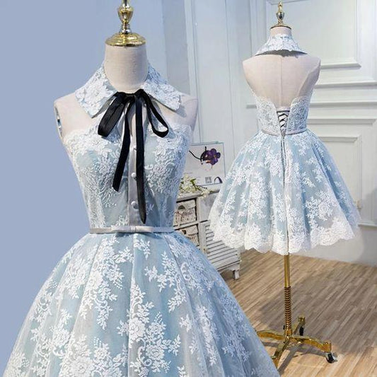 Eliza Cocktail Homecoming Dresses Lace Halter Light Sky Blue Appliques With Up, Dresses CD3664