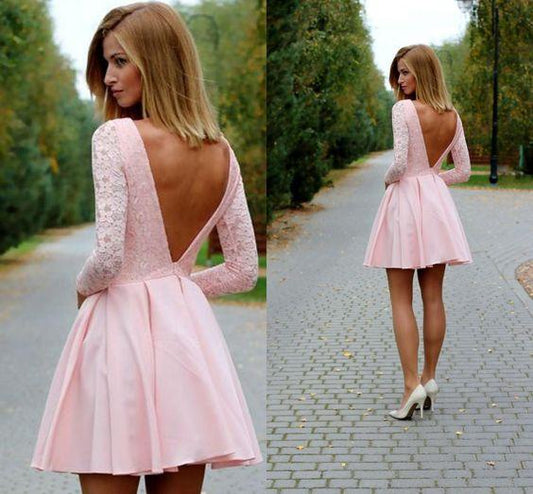 , Sexy Mini Long Joanne Pink Homecoming Dresses Lace Sleeves Party Dress, Deep V Back Backless Club Dresses CD386