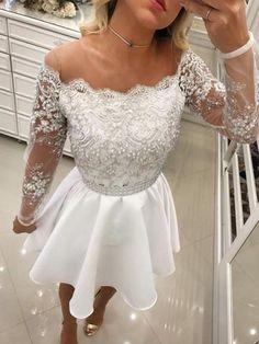 New Arrival A-Line Round Neck Long Sleeves White Homecoming Dresses Juliette Pearls Short CD396