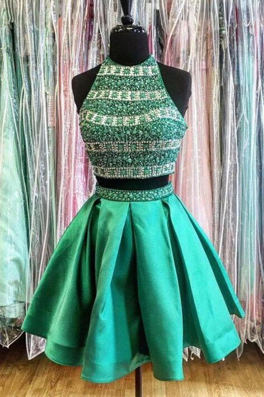 Morden Two Pieces Homecoming Dresses Satin Marilyn Green s Beading Round Neck Short CD4003
