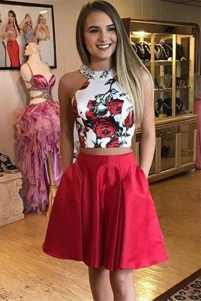 Two Piece Floral Homecoming Dresses A Line Carolyn Red Short With Pocket, Simple Knee Length Graduation Party Dress CD407