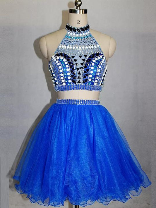 Blue High Neck Homecoming Dresses Cocktail Two Pieces Talia Beaded Short Dresses CD413