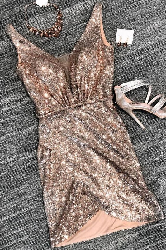 Sexy Tight Rose Gold Cocktail Homecoming Dresses Mandy Sequins Short Party Dress CD4297