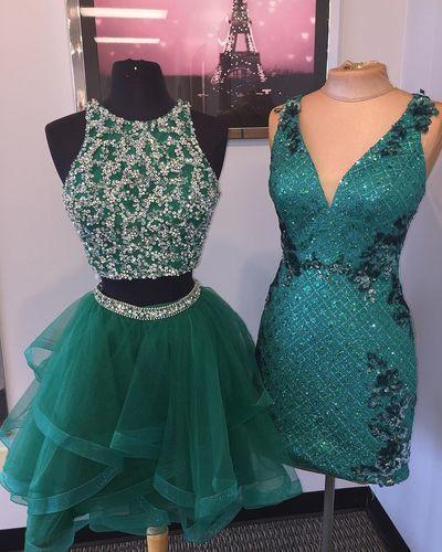 Joselyn Homecoming Dresses Elegant Short Beaded , Tulle Party Gown, Green Two Piece Dress CD4360