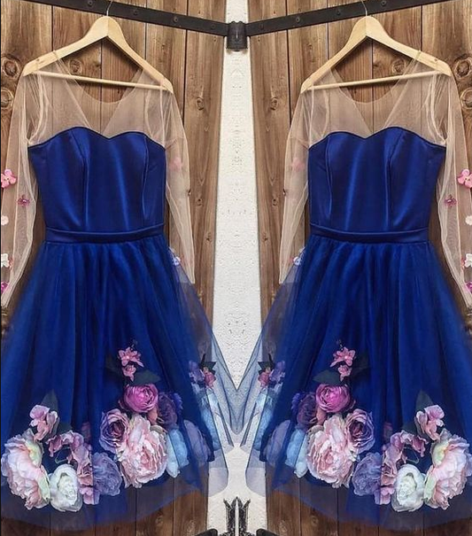 Long Sleeves 3D Floral Short Rebekah Homecoming Dresses Blue Dresses, Short Blue Formal Graduation CD4513