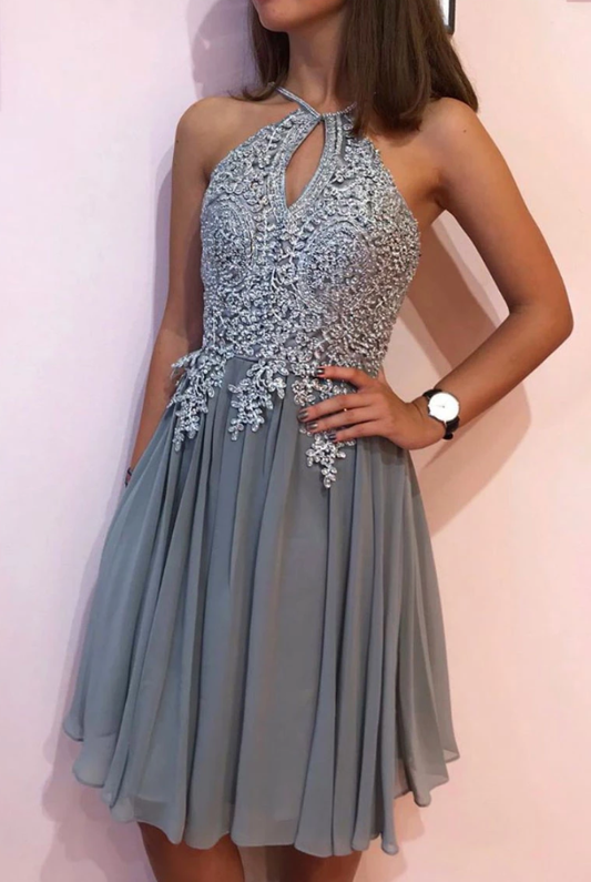 Gray Short Party Dress Chiffon Homecoming Dresses Lace Kelly Gray CD4978